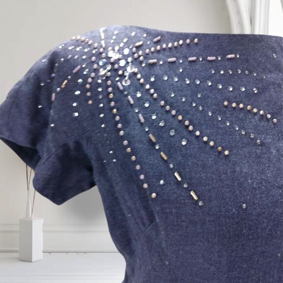 Vintage 50s 60s Beaded Fitted Cocktail Sheath Dress Size 6 Chambray Boat Neck - Picture 6 of 13